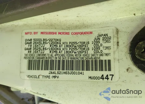 2003 Mitsubishi Montero Sport Es/Ls z USA, uszkodzony, nr VIN JA4LS21H63J001041